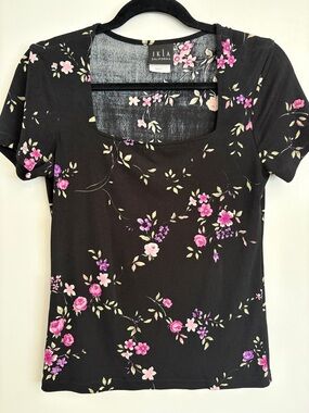Vintage Black Floral Square Neck Short Sleeve Top by JKLA